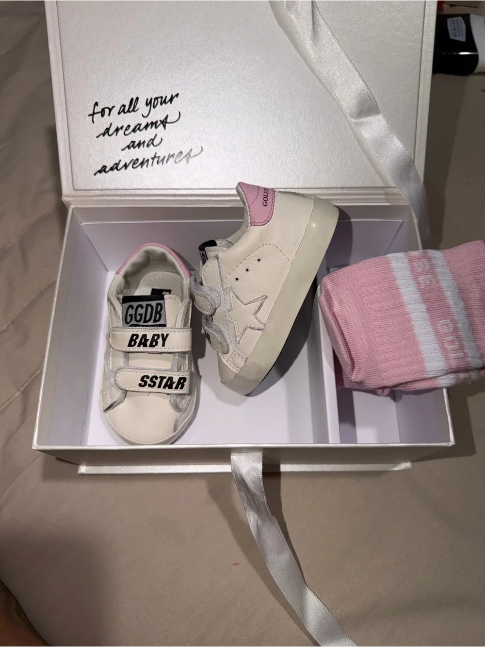 Golden Goose White & Pink Baby Velcro Star Sneakers